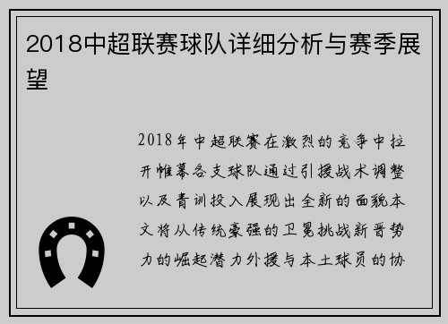 2018中超联赛球队详细分析与赛季展望