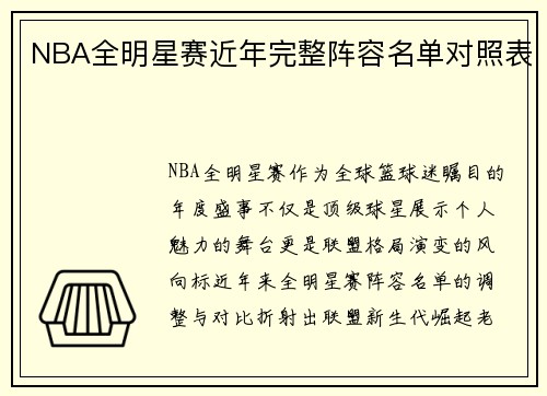NBA全明星赛近年完整阵容名单对照表